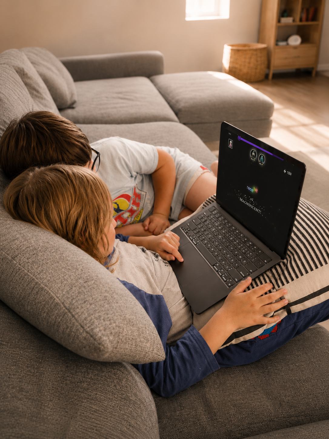 Two kids relaxing on a couch, playing Wyla together on a laptop