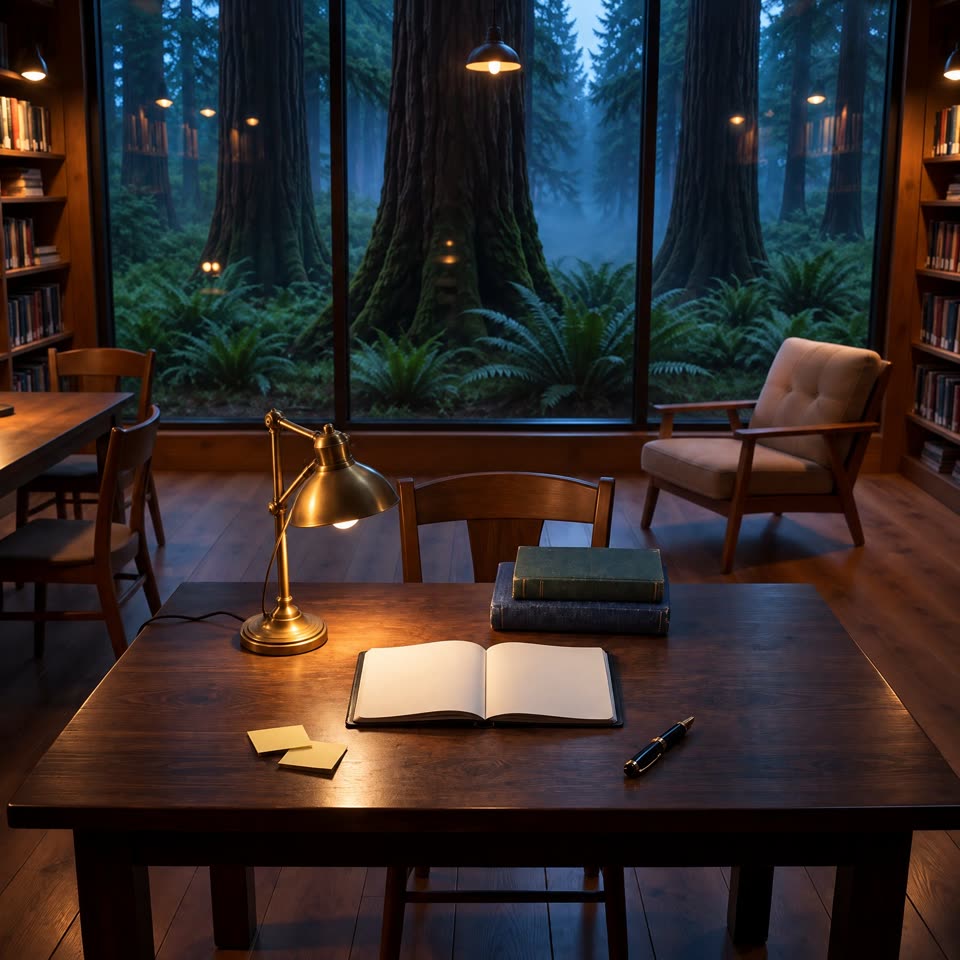 A writing desk with an open notebook, in front of a window onto a redwood forest