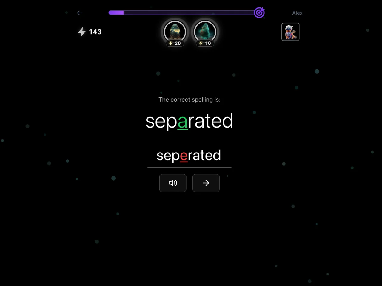 Wyla app: the correct spelling of ‘separated’ shown after an attempt