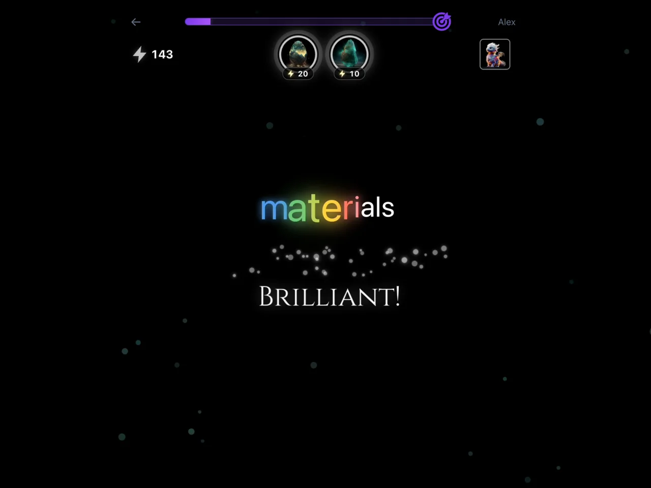 Wyla app: ‘materials’ spelled out in rainbow letters over a ‘Brilliant!’ celebration