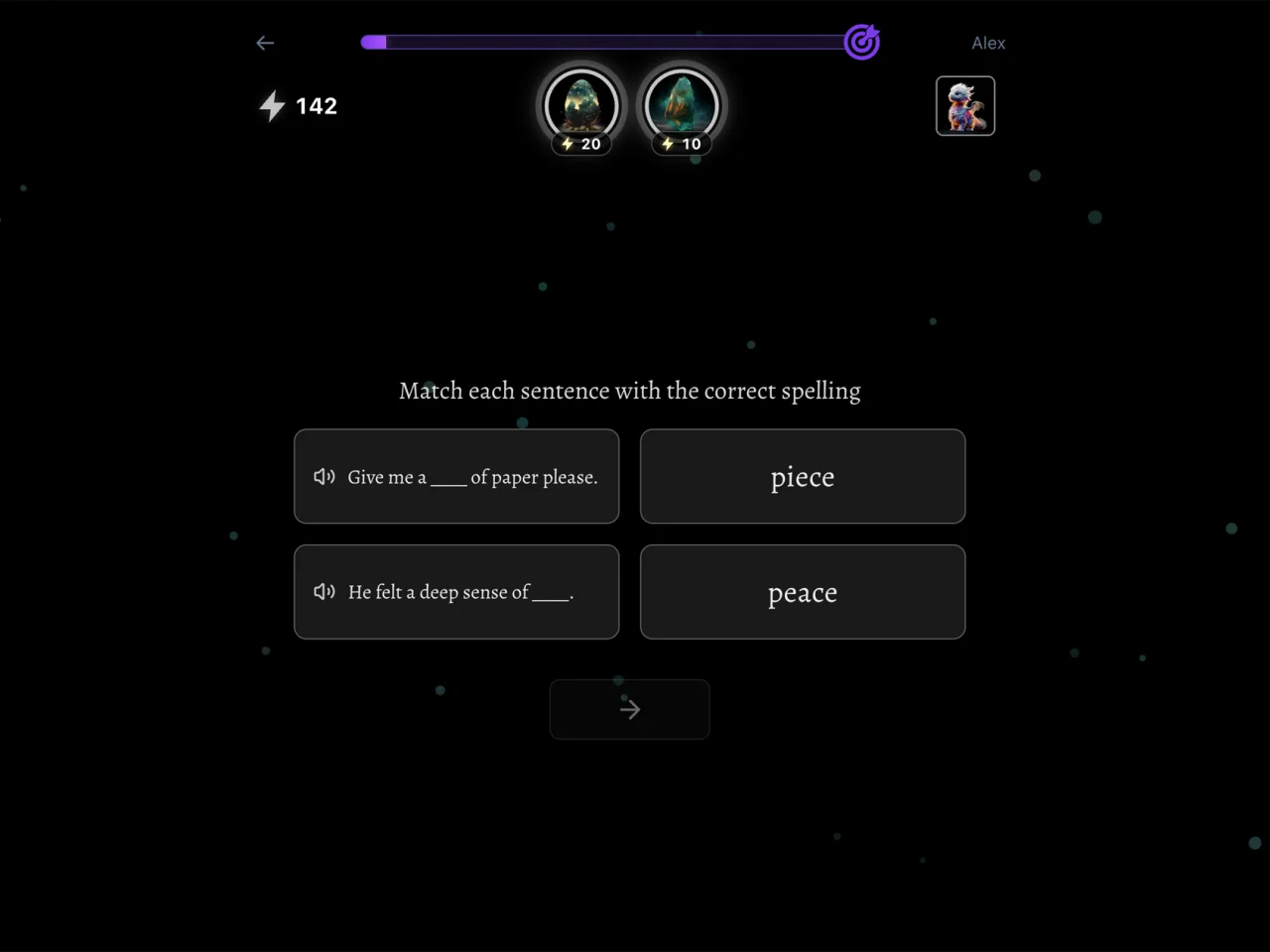 Wyla app: matching each sentence to the correct spelling of ‘piece’ or ‘peace’