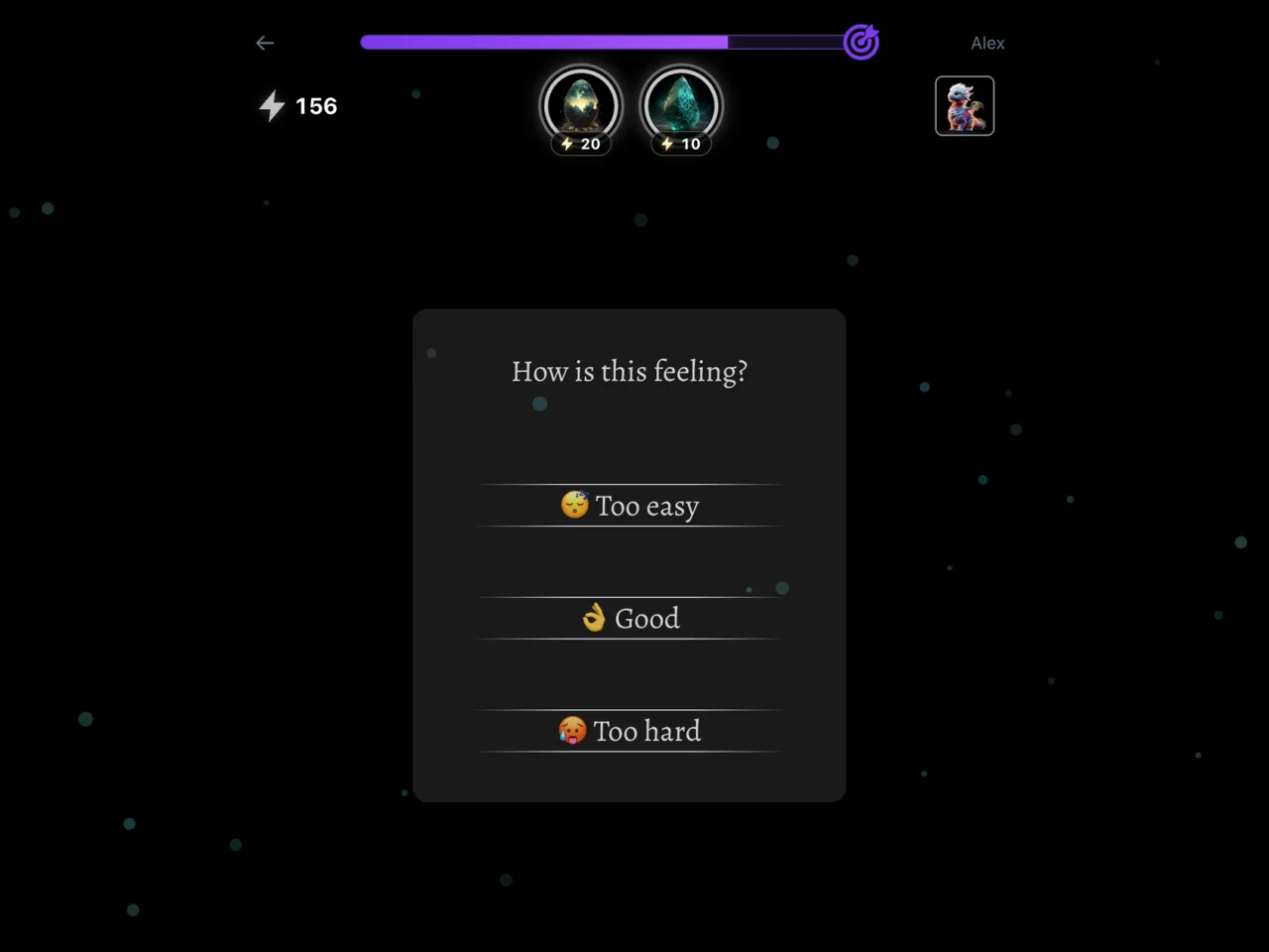 Wyla app: a check-in asking ‘How is this feeling?’ with too easy, good, and too hard choices
